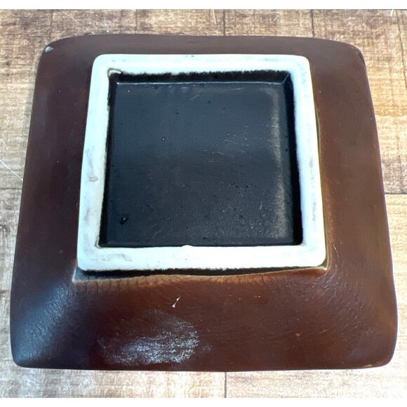Handmade Ceramic Square Decorative Dish Brown & Aqua Crackle Glaze - Picture 2 of 3